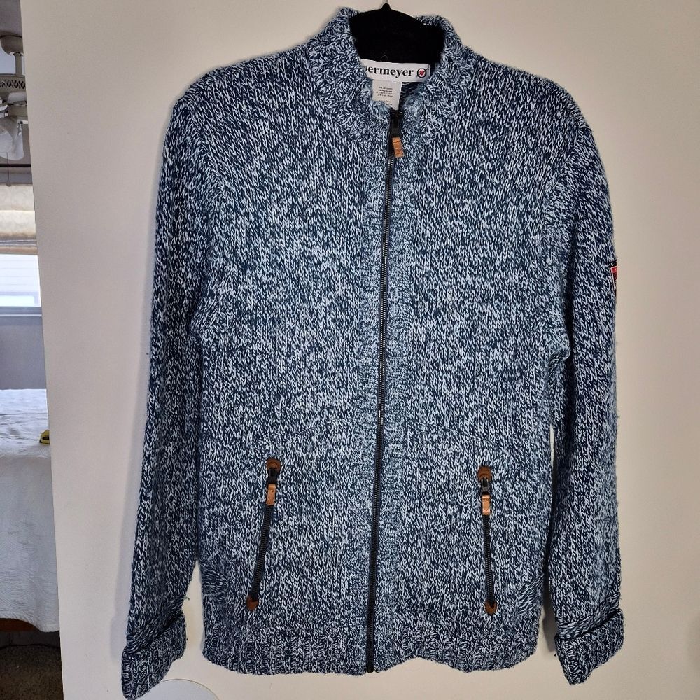 VGUC Obermeyer Lambswool Blend Full Zip Tweed Sweater M Blue - Picture 1 of 12